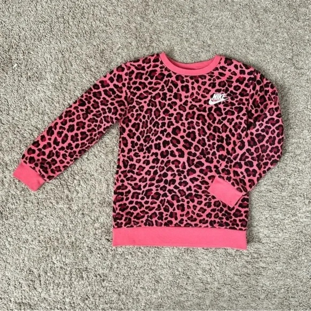 Nike I Kids Girls Pink Black Leopard Print Crewneck‎ Sweatshirt I Size M (6/8)